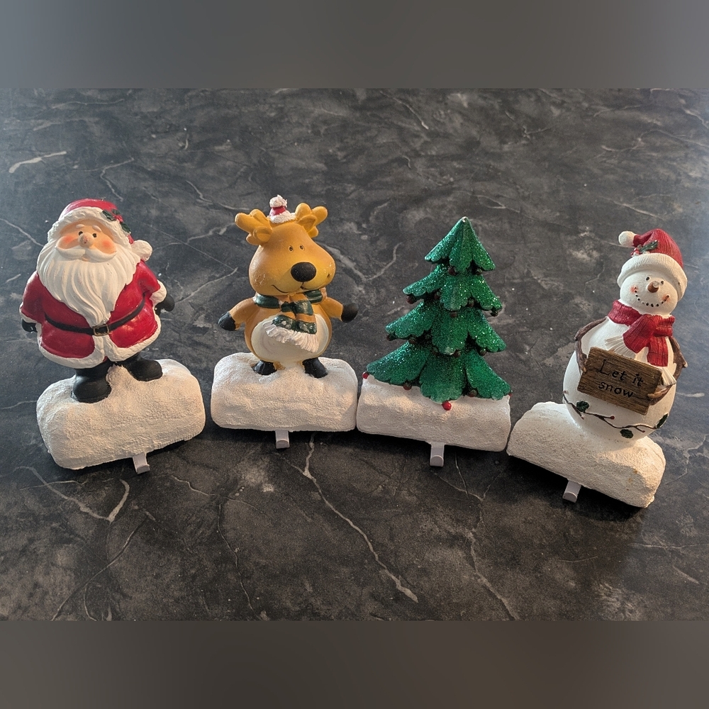 Festive Holiday Christmas Figurine Set Stocking Hanger Set Of 4
